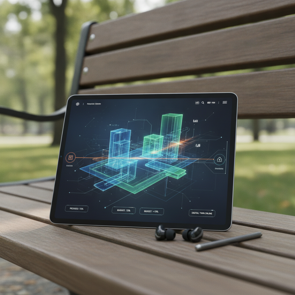 A tablet showing building analytics, resting on a park bench