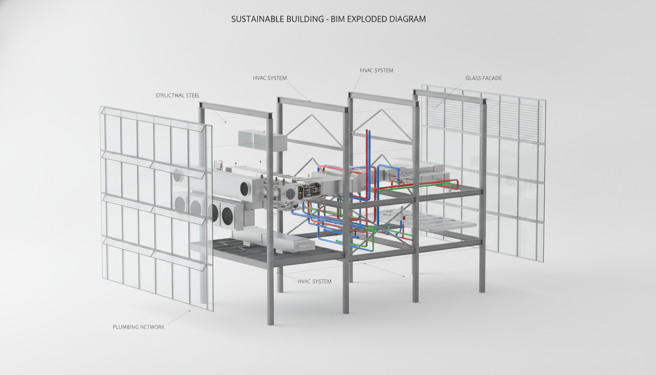 Exploded BIM diagram of a sustainable building's systems
