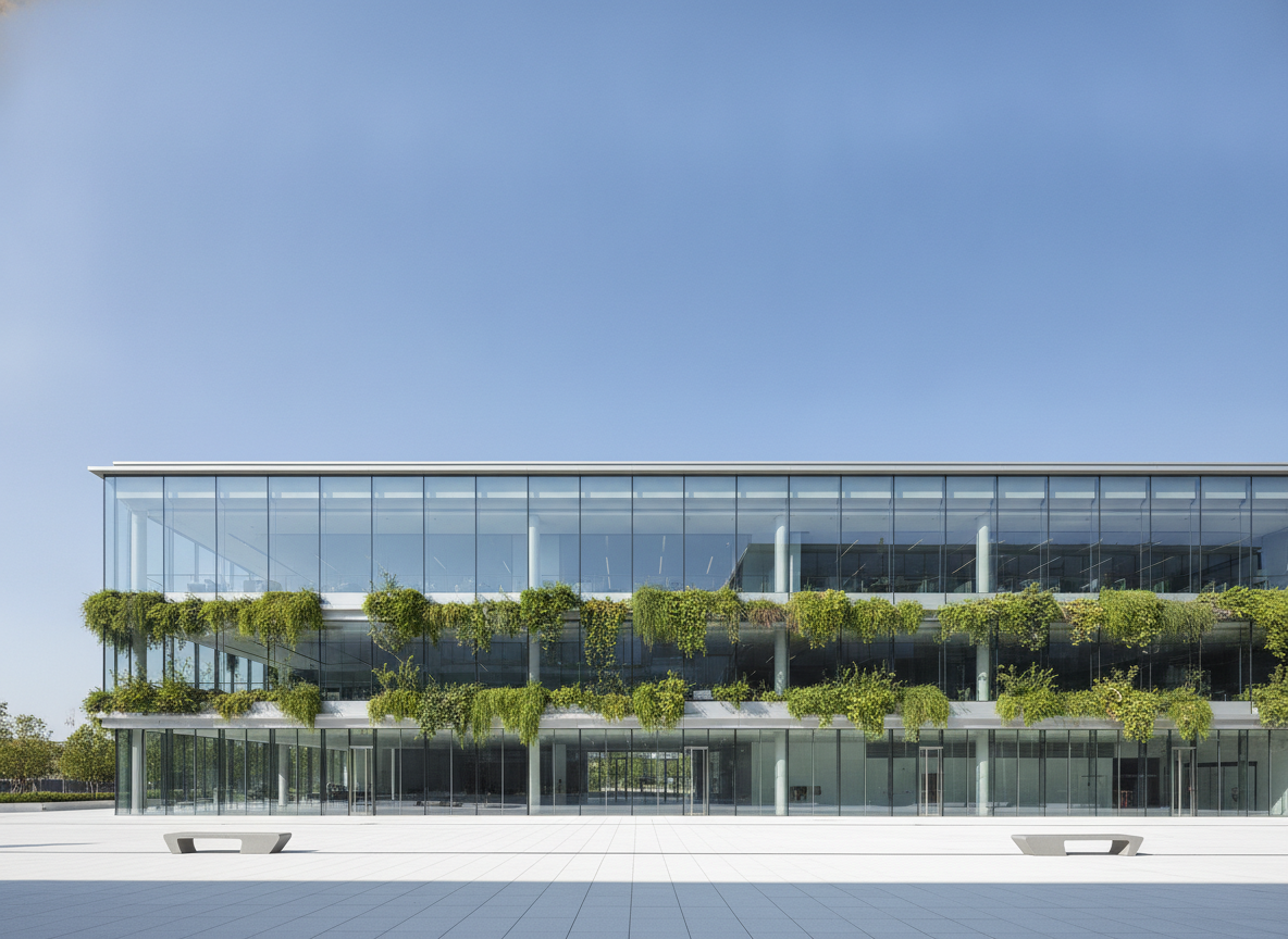Modern glass building with planted terraces